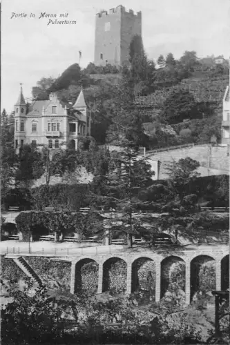 Italien Meran Partie in Meran mit Pulverturm Turm Vintage Postkarte