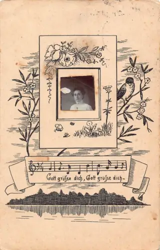 A090 God Bless You Song 1913 Musiknoten Portrait Blumen Vögel Postkarte