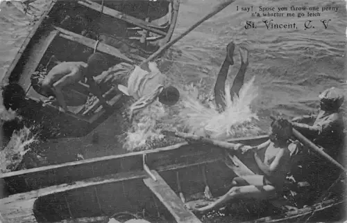 B034 Kapverde Sao Vincent Ureinwohner Männer fallen aus Boot Vintage Postkarte