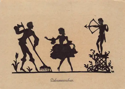 B164 Silhouette Liebeswachen Liebe Romantik Gärtner Rechen Tulpe Amor Postkarte