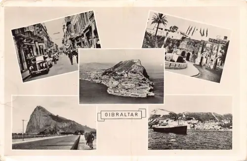 B167 Gibraltar 1957 Mehrfachansicht Auto Dampfschiffe Klippen RPPC Postkarte