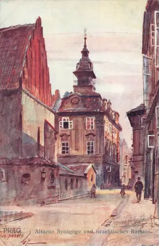 A002 Tschechien Prager Synagoge Israelisches Rathaus Iudaica Gemälde signierte Postkarte