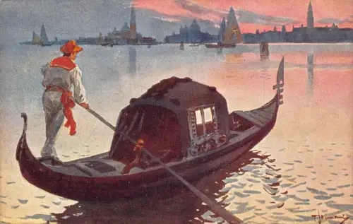 L279 Italien Gemälde Venedig Venezia Gondel Mann Sonnenuntergang Meer Vintage Postkarte