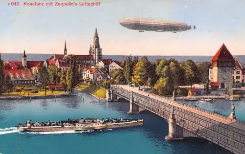 Deutschland Konstanz Zeppelin Luftschiff Dampfschiff Brücke Vintage Postkarte