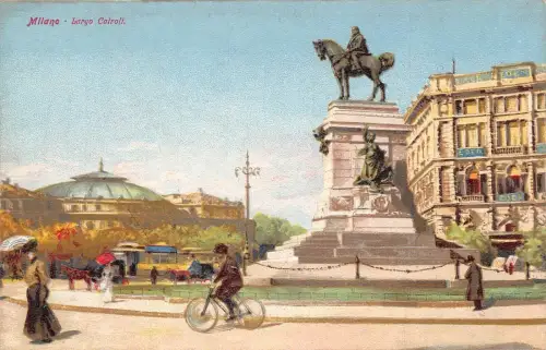 L279 Italien Milano Milan Largo Cairoli Statue Radfahrer Vintage Postkarte