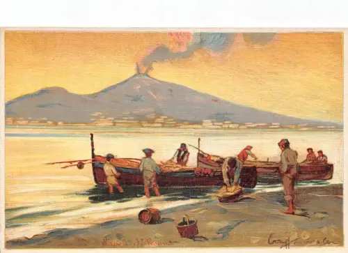 L279 Italien Neapel Gemälde signiert Fischerboote Berg Vesuv Sonnenuntergang Postkarte