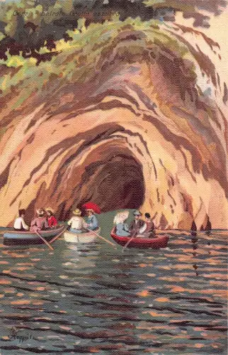 L279 Italien Gemälde signiert Floppola Capri blaue Grotte Eingang Boote Postkarte