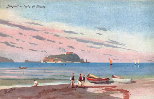 L278 Italien Napoli Isola di Nisida Strand Boote Gemälde signiert Floppiola Postkarte