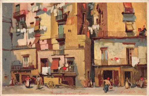 L278 Italien Neapel Gemälde signiert Santa Lucia Kleidung Balkonwagen Postkarte