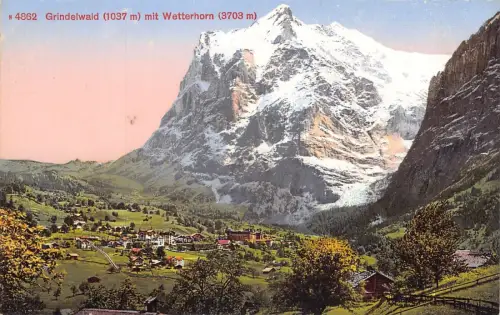 A003 Schweiz Grindelwald mit Wetterhorn Berggipfel Vintage Postkarte