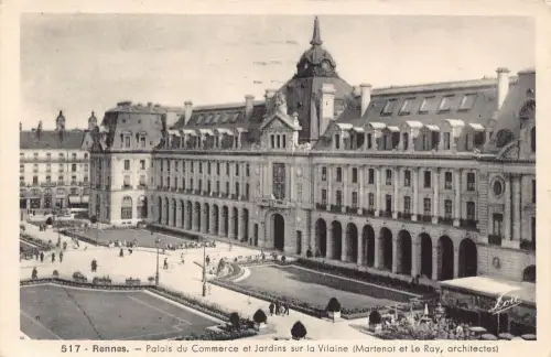 L047 Frankreich 1951 Rennes Palais du Commerce et Jardins Vilaine Vintage Postkarte