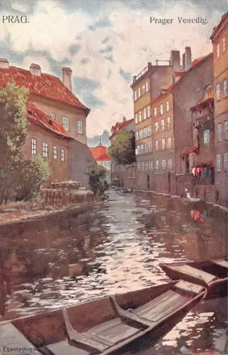 A002 Tschechien Prag Prager Venedig Kanalboot Gemälde signierte Postkarte