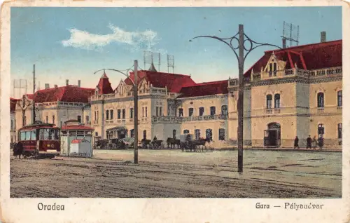 L510 Rumänien Nagyvarad Oradea Bahnhof Straßenbahn Vintage Postkarte