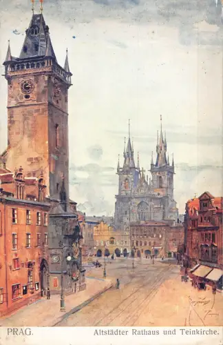 A002 Tschechien Prag Altes Rathaus und Teinkirche Gemälde signierte Postkarte