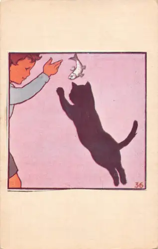 A909 Comic Humor Schwarze Katze springt für Fisch Junge Passepartout Vintage Postkarte