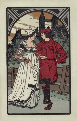 L529 Art Deco Romantik Mittelalter Paar Vintage Postkarte