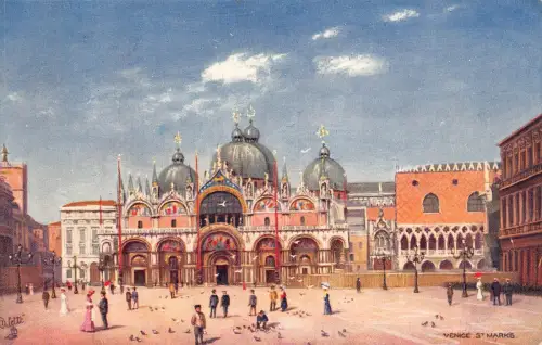 Italien Venedig Venezia St Marco Tauben Touristen Kunst Vintage Postkarte