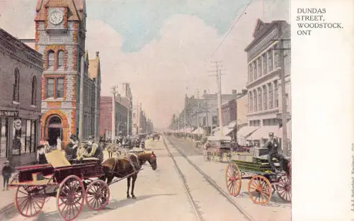 L387 Kanada Woodstock Ont Dundas Straße Kutschen Pferde Vintage Postkarte