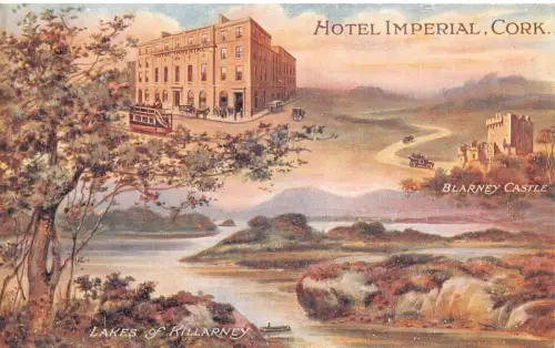 L386 Irland Hotel Imperial Cork Blarney Castle Seen von Killarney Straßenbahn Postkarte