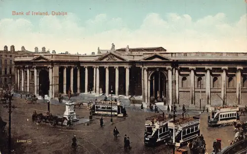 L385 Irland Dublin National Bank Straßenbahnen Mays Streichhölzer Braten Kakao Werbepostkarte