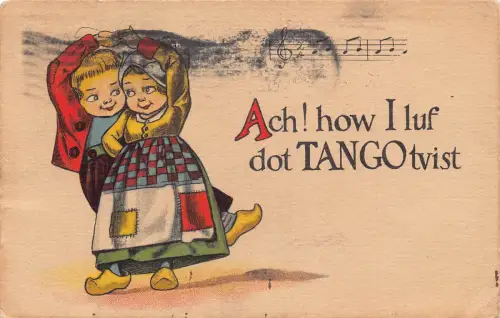 Niederländische Kinder tanzen Tango 1914 Comic Humor Musiknoten Vintage Postkarte
