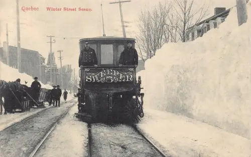 Kanada Quebec 1909 Winter Straßenszene Straßenbahn Pferdeschlitten Vintage Postkarte