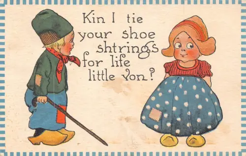 Romantik Comic 1917 Niederländische Kinder Verwandte Ich binde dir Schuh Shrings for life Postkarte