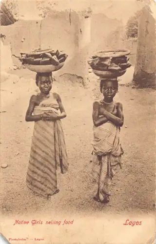 B079 Nigeria Lagos Ureinwohner Mädchen verkaufen Essen ethnische Vintage Postkarte