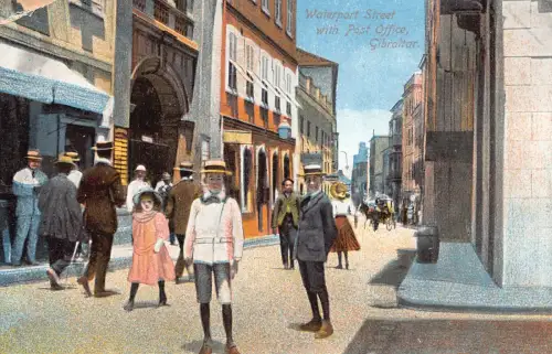 B078 Gibraltar Wassersportstraße mit Postamt Jungen Mädchen Vintage Postkarte