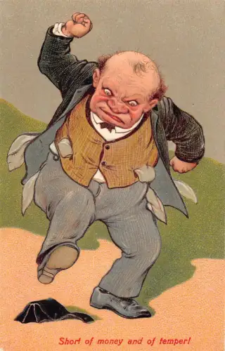 L060 Geldmangel und Temperament Karikatur Comic Humor Prägepostkarte