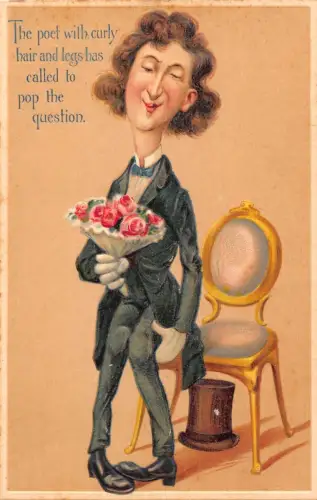 L060 Lockiges Haar Dichter Blumenstrauß Karikatur Comic Humor Prägung Postkarte