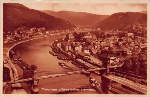 L176 Tschechien 1928 Tetschen Decin Elbe böhm Schweiz Brücke Boot Vintage Postkarte