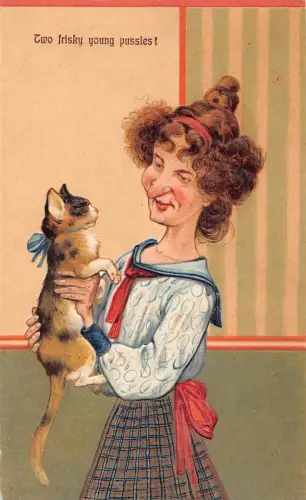 L060 Zwei verspielte junge Fotzen 1908 Karikatur Comic Humor geprägte Postkarte