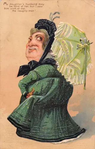 L056 Schwiegermutter Großer Kopf Karikatur 1905 Humor geprägt Vintage Postkarte