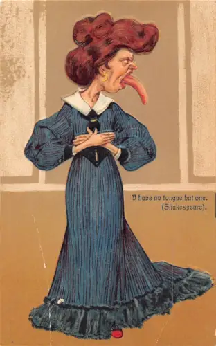 L056 Groteske Alte Dame Lange Zunge Karikatur Humor geprägt Vintage Postkarte