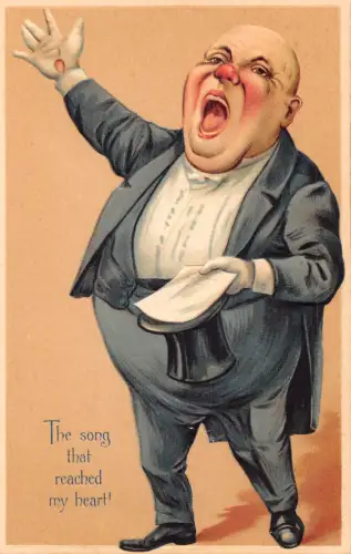 L060 Fatman singende Karikatur Comic Humor geprägt Vintage Postkarte