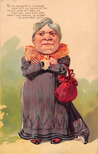 L056 Schwiegermutter Großer Kopf Karikatur 1905 Humor geprägt Vintage Postkarte