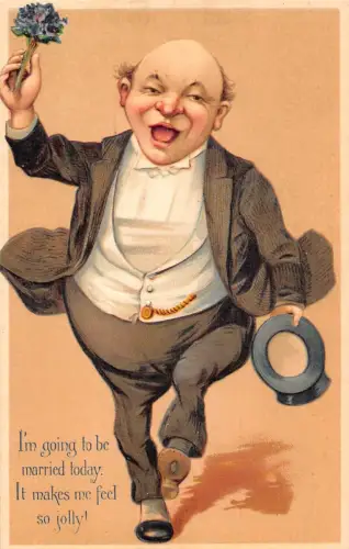 L060 Jolly Glatzkopf Blumenstrauß Karikatur Comic Humor geprägte Postkarte