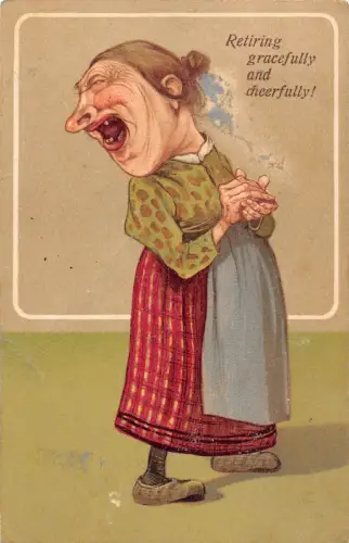 L060 Groteske Dame lachende Karikatur Comic Humor geprägte Postkarte