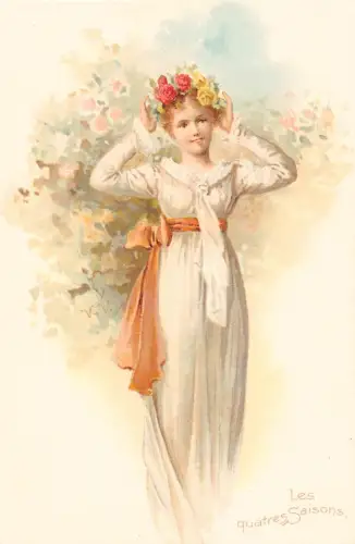 L529 Das Vier Jahreszeiten Mädchen Blumen Rosen Litho Vintage Postkarte