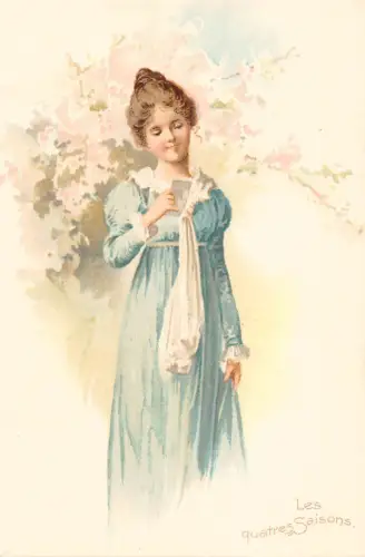 L529 Das Vier Jahreszeiten Mädchen Blumen Litho Vintage Postkarte