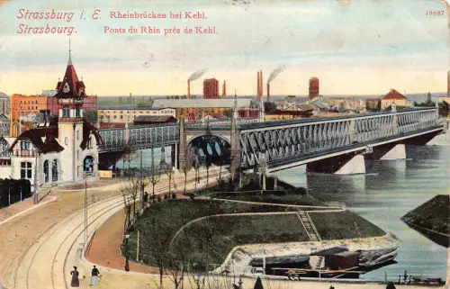 B090 Frankreich Straßburg Ponts du Rhin pres de Kehl Brücke Industrie Feld Postkarte