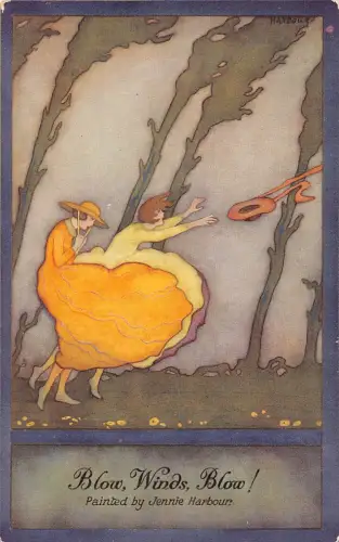 B088 Mädchen durchgeblasen vom Wind verliert Hut Modekunst von Jennie Harbow Postkarte