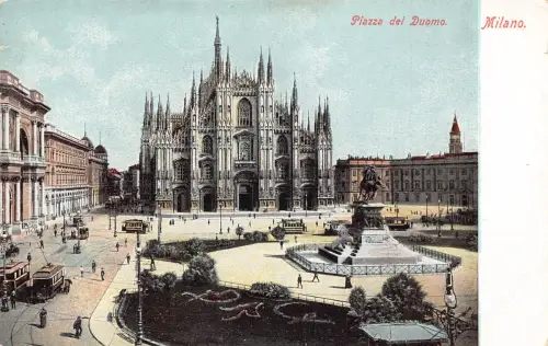 A181 Italien Piazza del Duomo Milano Mailand Straßenbahn Statue Vintage Postkarte