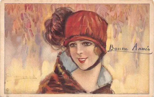 B087 Beauty Glamour Girl Fashion Art by S. Bompard Autumn Leaves Postkarte
