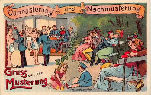 B086 Gruss von der Musterung 1911 Comic Humor Paare küssen Maß Postkarte