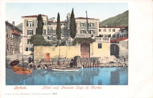 A181 Italien Torbole Hotel Pension Lago di Gardasee Boote Vintage Postkarte