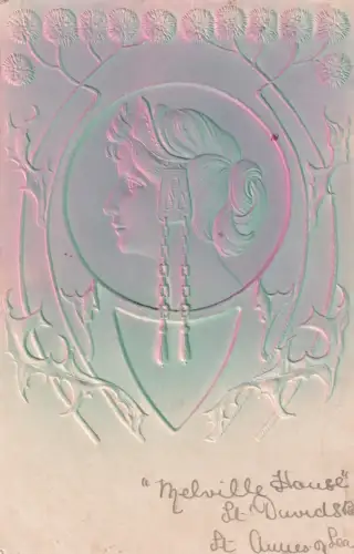 Jugendstil Dame Pusteblume Blumen Glamour Airbrush Prägepostkarte B833