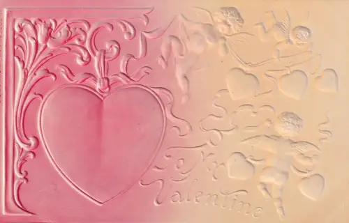 Valentinstag Romantik Herz Amor Cherubs Airbrush Prägepostkarte B833
