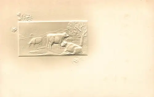 Airbrush Tiere Rinder Ochse Sonnenuntergang Gebirgsblumen geprägt Postkarte B832